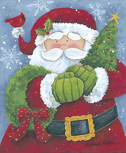 Diane Kater ART1033 - Cheery Santa with Wreath and Tree - Santa Claus, Christmas Tree, Holiday, Cardinals, Wreath, Holiday from Penny Lane Publishing
