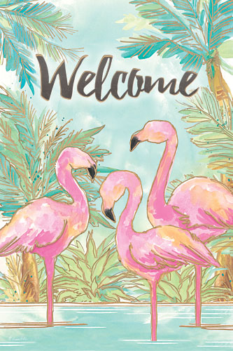 Diane Kater ART1045 - Welcome Flamingos - Flamingos, Welcome, Tropical, Coastal, Palm Trees from Penny Lane Publishing