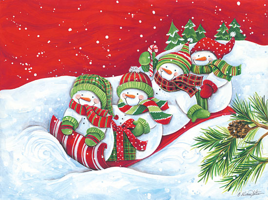 Diane Kater ART1168 - ART1168 - Snowmen Sledding Fun - 16x12 Sled, Sled Riding, Holidays, Snowmen, Winter, Snowman Family, Trees, Winter from Penny Lane