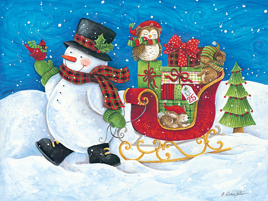 Diane Kater ART1170 - ART1170 - Guarding Santa's Sleigh - 16x12 Sleigh, Holidays, Snowmen, Winter, Owl, Birds, Forest Animals, Trees, Presents from Penny Lane
