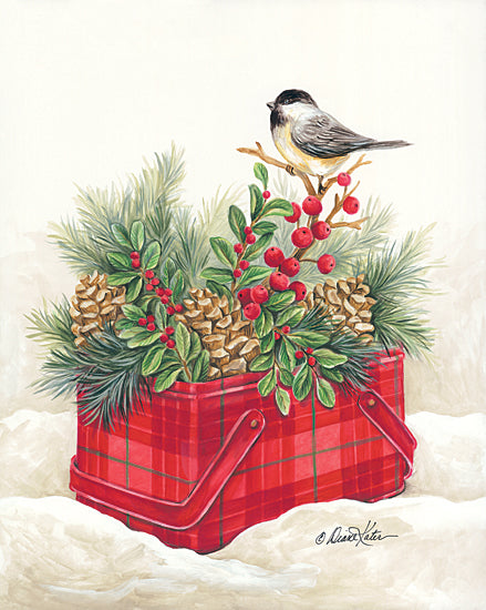 Diane Kater ART1183 - ART1183 - Christmas Lodge Vintage Tin - 12x16 Tin, Holidays, Birds, Berries, Plaid, Vintage, Antique, Christmas from Penny Lane