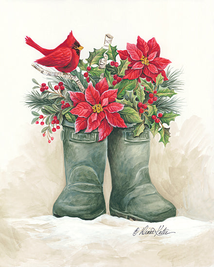Diane Kater ART1185 - ART1185 - Christmas Lodge Boots - 12x16 Boots, Cardinals, Poinsettias, Flowers, Garden Boots, Birch Tree Branches, Lodge from Penny Lane