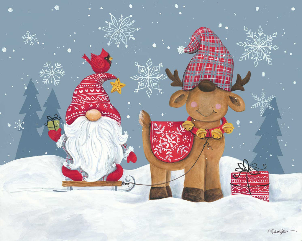 Diane Kater ART1205 - ART1205 - Snowy Gnome with Reindeer - 16x12 Gnomes, Holidays, Christmas, Reindeer, Sled, Cardinal, Winter, Santa Claus from Penny Lane
