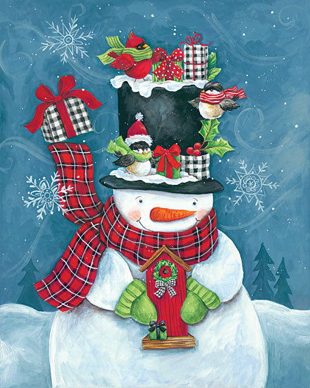Diane Kater ART1216 - ART1216 - Top Hat Snowman with Birds - 12x16 Snowmen, Top Hat, Birds, Holiday, Winter, Whimsical, Presents, Front Door from Penny Lane