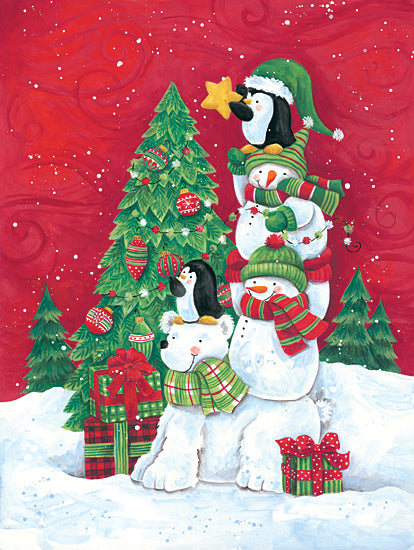 Diane Kater ART1240 - ART1240 - Putting the Star on the Christmas Tree - 12x16 Snowmen, Christmas Tree, Bear, Penguin, Ornaments, Presents, Whimsical, Christmas from Penny Lane