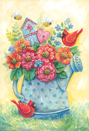 Diane Kater ART1303 - ART1303 - Springtime Watering Can - 12x18 Flowers, Watering Can, Spring, Springtime, Birds, Cardinals, Birdhouse, Still Life, Bees, Cottage/Country from Penny Lane