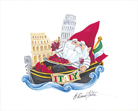 Diane Kater ART1316 - ART1316 - Italy Gnome - 16x12 Whimsical, Gnome, Italy, European, Travel, Italian Icons, Leaning Tower of Pisa, Gondolas, Suitcase from Penny Lane