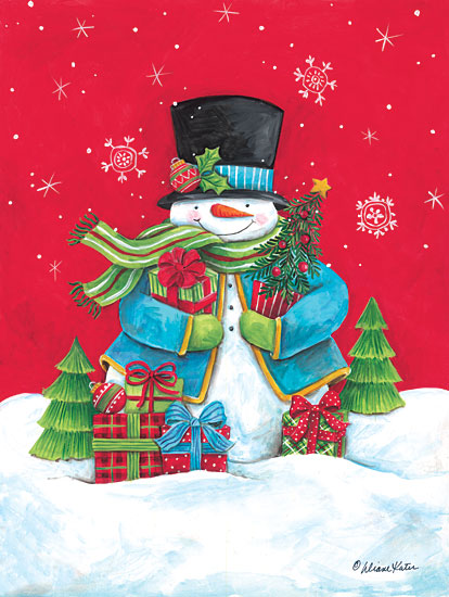 Diane Kater ART1320 - ART1320 - Snowman & Presents - 12x16 Christmas, Holidays, Snowman, Whimsical, Presents, Winter, Snowflakes from Penny Lane