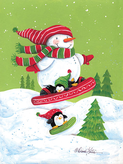 Diane Kater ART1323 - ART1323 - Snowboarding Fun - 12x16 Snowman, Penquis, Snowboarding, Winter, Snow, Whimsical, Trees, Decorative from Penny Lane