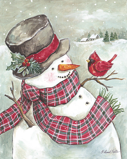 Diane Kater ART1341 - ART1341 - Snowman and Cardinal Friends - 12x16 Winter, Snowman, Cardinal, Snow, Houses, Top Hat, Scarf from Penny Lane