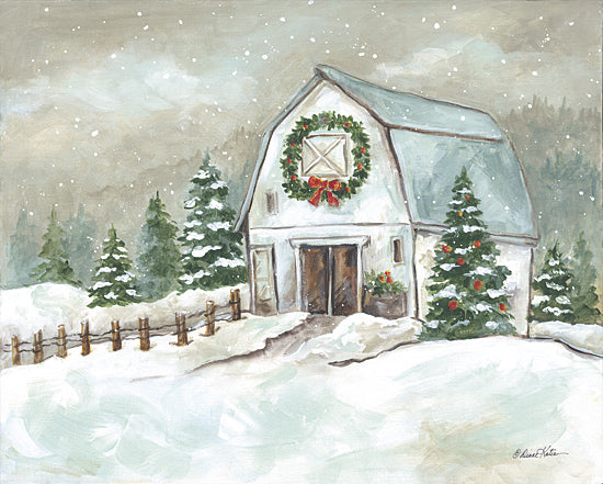 Diane Kater ART1343 - ART1343 - Christmas Barn - 16x12 Christmas, Holidays, Barn, White Barn, Farm, Wreath, Trees, Christmas Trees, Winter, Snow, Fence, Pine Trees, Muted Colors from Penny Lane