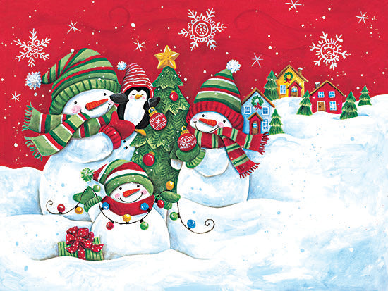 Diane Kater ART1348 - ART1348 - Decorating the Snowmen Family Christmas Tree - 16x12 Christmas, Snowmen, Snow Family, Penguin, Christmas Tree, Houses, Whimsical, Winter, Snow, Ornaments, Presents, Christmas Lights, Hats and Scarfs from Penny Lane