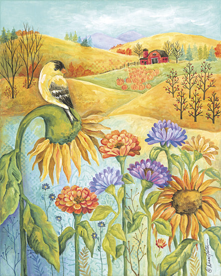 Diane Kater ART1359 - ART1359 - Autumn Dreams - 12x16 Fall, Farm, Barn, Fields, Flowers, Fall Flowers, Sunflowers, Mums, Trees, Hills, Bird, Wild Finch, Pumpkins from Penny Lane