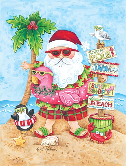 Diane Kater ART950 - Pink Flamingo Santa - Santa Claus, Beach, Sand, Penguin, Palm Tree, Coastal from Penny Lane Publishing