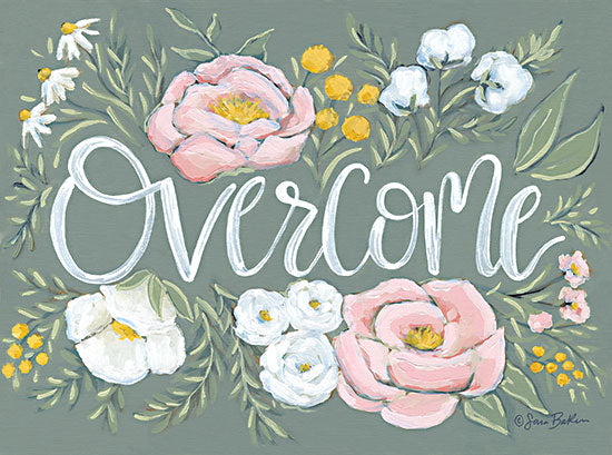 Sara Baker BAKE241 - BAKE241 - Overcome Floral    - 16x12 Inspirational, Overcome, Typography, Signs, Textual Art, Flowers, Pink and White, Motivational from Penny Lane