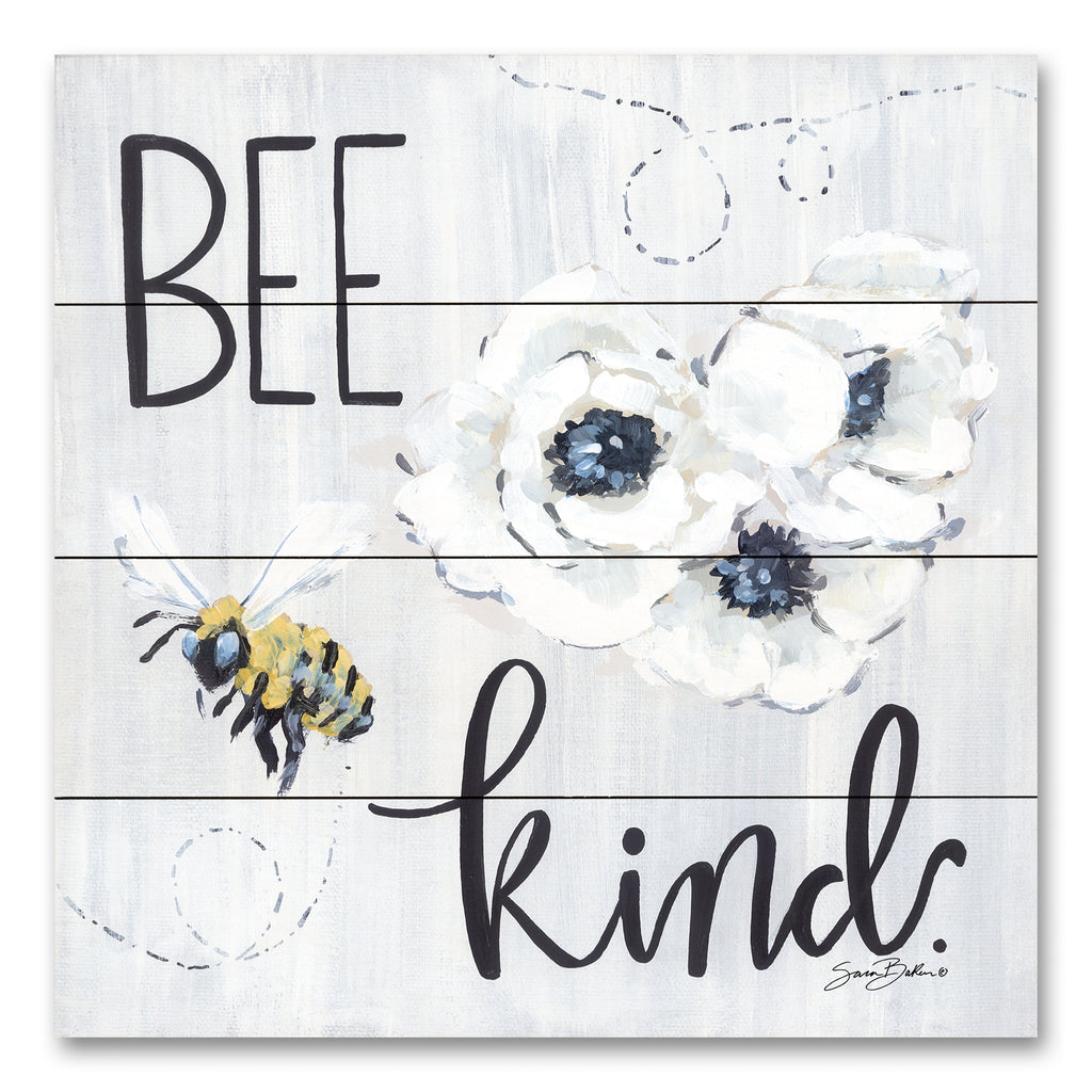 Sara Baker BAKE254PAL - BAKE254PAL - Bee Kind   - 12x12 Inspirational, Be Kind, Typography, Signs, Textual Art, Bees, Flowers, White Flowers, Whimsical, Spring, Farmhouse/Country from Penny Lane