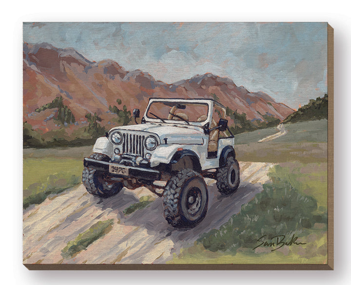 Sara Baker BAKE306FW - BAKE306FW - The Road Less Traveled - 20x16 Jeep, White Jeep, Landscape, Mountains, Road, Masculine, Leisure from Penny Lane
