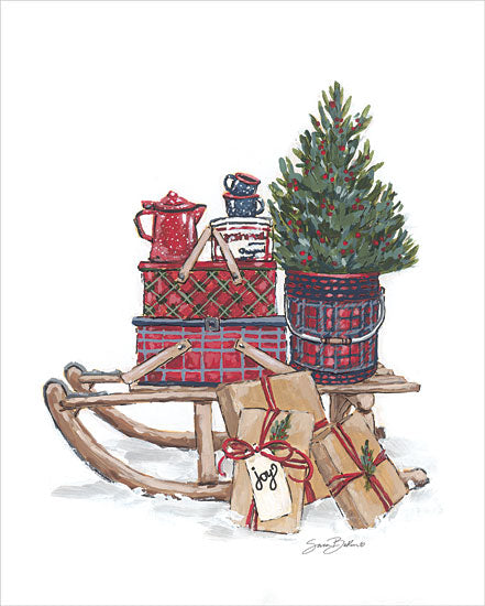 Sara Baker BAKE316 - BAKE316 - Old Time Christmas Tradition I    - 12x16 Christmas, Holidays, Still Life, Sled, Lodge, Christmas Tree, Presents, Cooler, Picnic, Coffee, Coffee Cups, Winter, Snow, Vintage, Plaid, Enamelware from Penny Lane