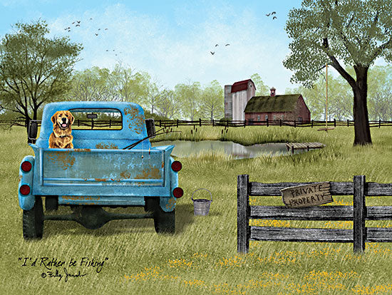 Billy Jacobs BJ1263 - BJ1263 - I'd Rather be Fishing - 16x12 Truck, Farm, Barn, Blue Truck, Dog, Golden Retriever, Trees, Fence, Fishing Pole from Penny Lane