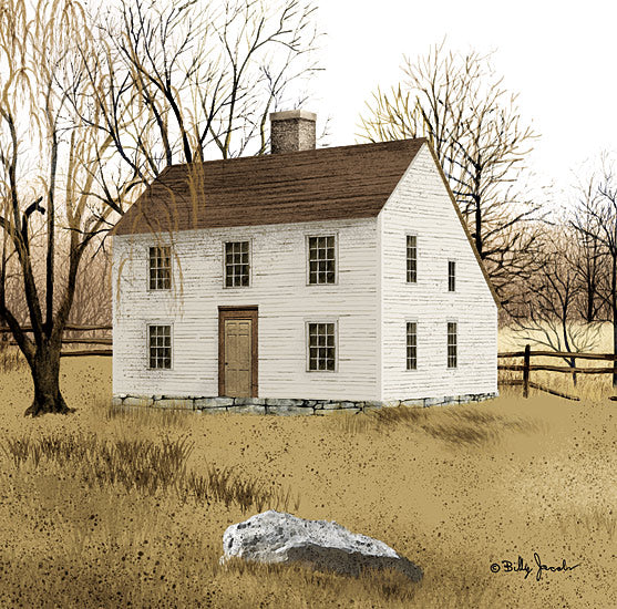 Billy Jacobs BJ1328 - BJ1328 - New England Saltbox II - 12x12 Folk Art, House Homestead, New England Saltbox House, Landscape, Trees, Fence, Rock from Penny Lane
