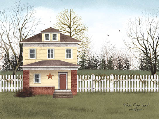 Billy Jacobs BJ132 - BJ132 - White Picket Fence - 16x12 White Picket Fence, House, Yellow House, Fence, Barn Star, Trees, Landscape, Folk Art from Penny Lane