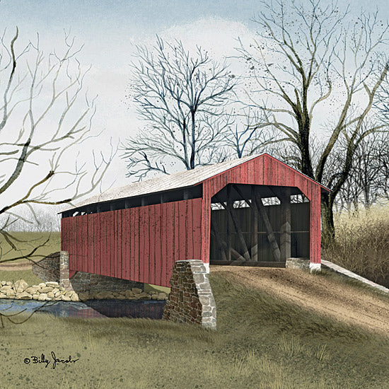 Billy Jacobs BJ1332 - BJ1332 - Red Bridge at Pool Forge II - 12x12 Folk Art, Bridge, Covered Bridge, Road, Country Road, Creek, Red Bridge at Pool Forge from Penny Lane