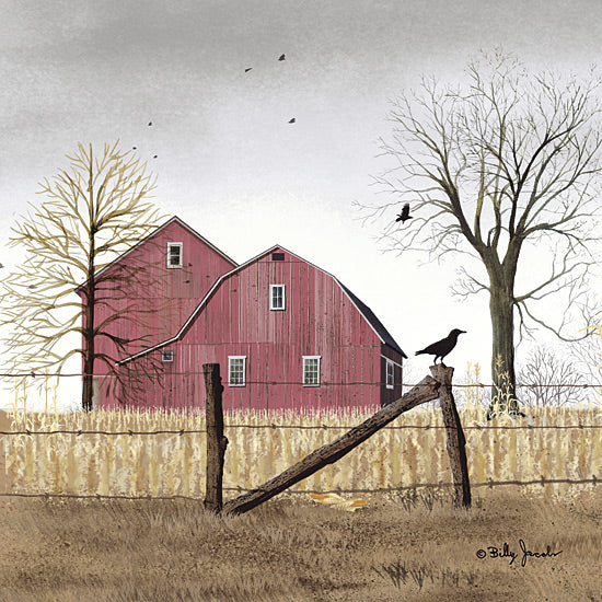 Billy Jacobs BJ1339 - BJ1339 - After the Harvest III - 12x12 Folk Art, Fall, Harvest, Barn, Red Barn, Farm,  Wheat, Field, Crows, Fence, Landscape, After the Harvest from Penny Lane