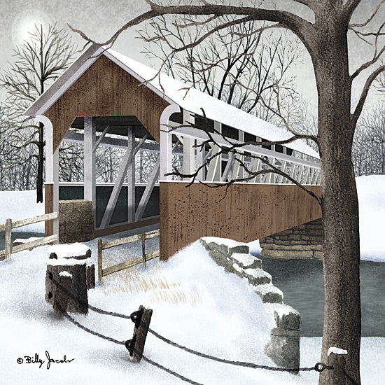 Billy Jacobs BJ1351 - BJ1351 - Crisp Winter Evening II - 12x12 Winter, Folk Art, Bridge, Covered Bridge, Snow, River, Landscape, Fence, Path, Crisp Winter Evening from Penny Lane
