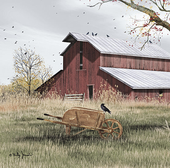 Billy Jacobs BJ1352 - BJ1352 - Summer's End II - 12x12 Folk Art, Summer, Barn, Red Barn, Farm, Landscape, Wheelbarrow, Farmhouse/Country, Crows, Fields, Summer's End from Penny Lane