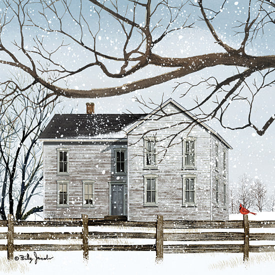 Billy Jacobs BJ1354 - BJ1354 - A Little Snow II - 12x12 Winter, Snow, Folk Art, House, Homestead, Fence, Cardinal, Trees, A Little Snow from Penny Lane