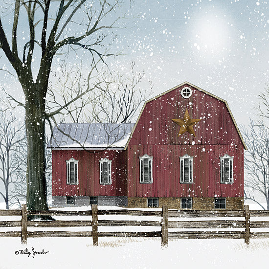 Billy Jacobs BJ1355 - BJ1355 - A Little Snow III - 12x12 Winter, Barn, Red Barn, Farm, Barn Star, Folk Art, Snow, Fence, Trees, Farmhouse/Country, A Little Snow from Penny Lane