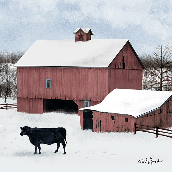 Billy Jacobs BJ1356 - BJ1356 - Black and White II - 12x12 Folk Art, Barn, Red Barn, Farm, Cow, Black Cow, Winter, Snow, Barn Star, Fence, Farmhouse/Country, Black and White from Penny Lane