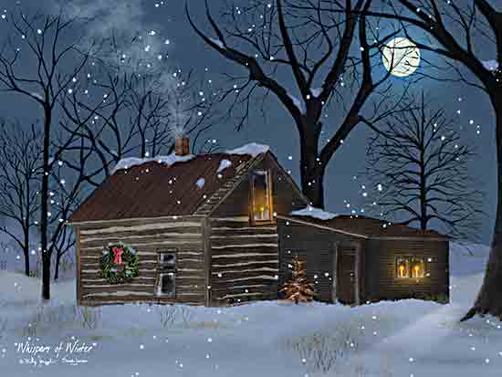 Billy Jacobs BJ1367 - BJ1367 - Whispers of Winter - 18x12 Christmas, Holidays, Winter, Log Cabin, Wreath, Christmas Tree, Snow, Evening, Moon, Landscape, Trees, Snow, Candles, Folk Art, Whispers of Night from Penny Lane