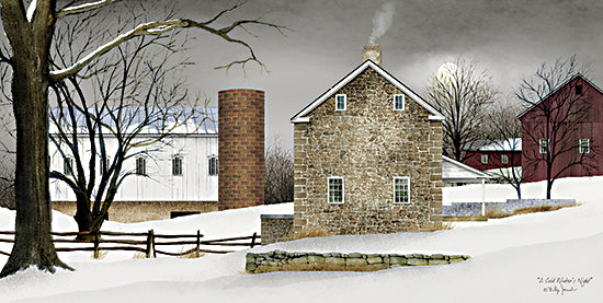 Billy Jacobs BJ190A - BJ190A - A Cold Winter's Night - 18x9 A Cold Winter's Night, Farm, Barn, Stone House, Winter, Snow, Evening, Landscape, Folk Art from Penny Lane