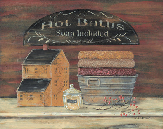 Pam Britton BR209 - Hot Bath - Saltbox House, Galvanized Bucket, Towels, Bath from Penny Lane Publishing