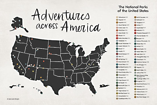Lady Louise Designs BRO328 - BRO328 - Adventures Across America    - 18x12 Travel, Adventures Across America, Typography, Signs, Textual Art, USA, America, National Parks, Map, Chart from Penny Lane