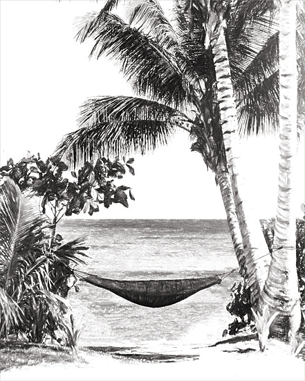 Cloverfield & Co. CC197 - CC197 - Tropical Resting Spot - 12x16 Tropical, Leisure, Palm Trees,  Hammock, Beach, Coastal, Nautical, Black & White, Sketch, Summer from Penny Lane