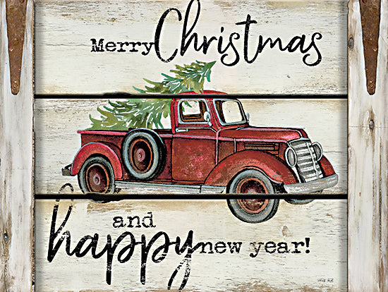 Cindy Jacobs CIN2045 - CIN2045 - Merry Christmas & Happy New Year Red Truck - 16x12 Holidays, Merry Christmas, Happy New Year, Red Truck, Christmas Tree, Wood Background from Penny Lane