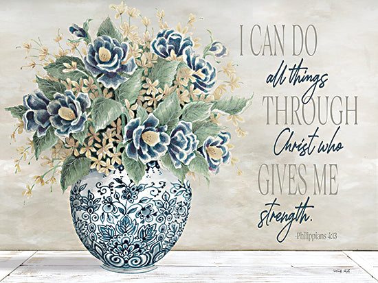 Cindy Jacobs CIN2049 - CIN2049 - I Can Do All Things Through Christ - 16x12 I Can Do All Things, Bible Verse, Philippians, Blue & White Vase, Flowers, Bouquet, Blossoms  from Penny Lane