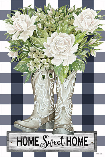 Cindy Jacobs CIN2159 - CIN2159 - Home Sweet Home Cowboy Boots - 12x18 Home Sweet Home, Cowboy Boots, Flowers, White Flowers, Greenery, Blue and White Plaid, Plaid, Rustic, Signs from Penny Lane