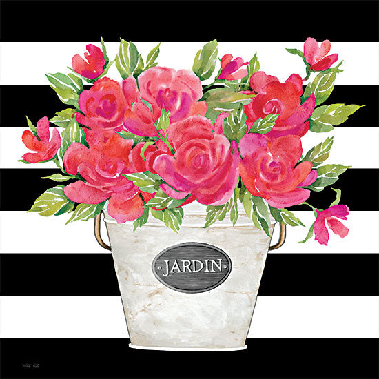 Cindy Jacobs CIN2297 - CIN2297 - Fuchsia Jardin Stripes - 12x12 Flowers, Pink Flowers, Black & White Stripes, White Pot from Penny Lane