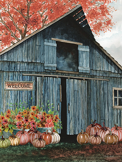 Cindy Jacobs CIN2421 - CIN2421 - Welcome Fall Barn - 12x16 Barn, Farm, Autumn, Pumpkins, Flowers, Blue Barn, Country from Penny Lane