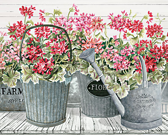 Cindy Jacobs CIN2890 - CIN2890 - Potted Geranium Mix II - 16x12 Geraniums, Galvanized Metal, Pails, Watering Cans, Still Life, Flowers, Spring, Springtime, Country from Penny Lane