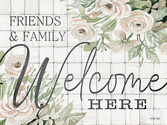 Cindy Jacobs CIN2957 - CIN2957 - Friends and Family Welcome Here - 16x12 Family & Friends, Welcome, Greeting, Basket Weave, Flowers, Pink Flowers, Calligraphy, Signs from Penny Lane