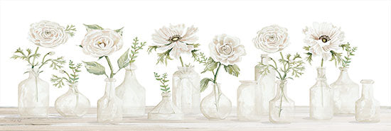 Cindy Jacobs CIN3016A - CIN3016A - Pretty Posies in a Row - 36x12 Still Life, Flowers,  Pale Pink Flowers, Glass Bottles, French Country, Subdued Color, Neutral Palette from Penny Lane