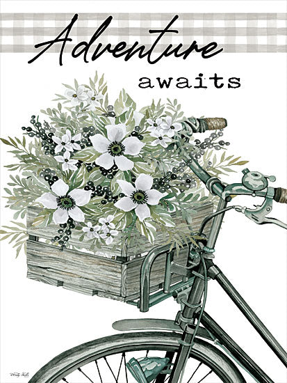 Cindy Jacobs CIN3032 - CIN3032 - Adventure Awaits - 12x16 Adventure Awaits, Bicycle, Bike, Wooden Basket, White Flowers, Greenery, Bouquet, Signs, Typography from Penny Lane
