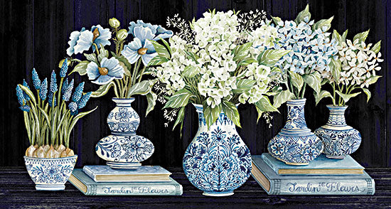 Cindy Jacobs CIN3101 - CIN3101 - Delft Blue Floral IV - 18x9 Still Life, Blue & White Vases, Blue & White Flowers, Flowers, Books, French Country, Black Background, Spring from Penny Lane