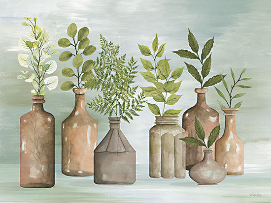 Cindy Jacobs CIN3234 - CIN3234 - Greenery in Bottles I - 16x12 Still Life, Greenery, Leaves, Ferns, Eucalyptus, Vases, Terra Cotta Colored Vases from Penny Lane