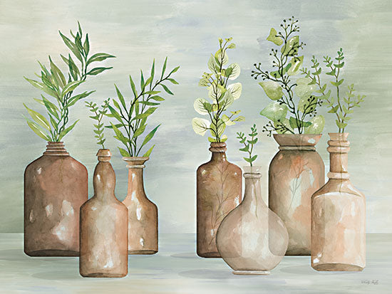 Cindy Jacobs CIN3235 - CIN3235 - Greenery in Bottles II - 16x12 Still Life, Greenery, Leaves, Ferns, Eucalyptus, Vases, Terra Cotta Colored Vases from Penny Lane