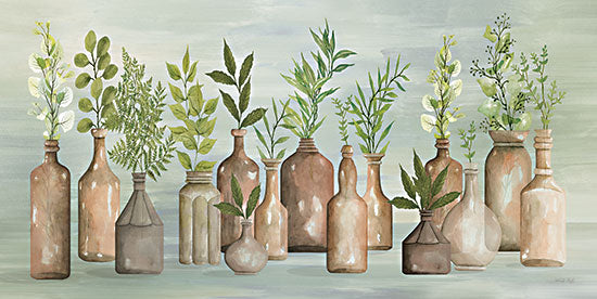 Cindy Jacobs CIN3236 - CIN3236 - Greenery in Bottles III - 18x9 Still Life, Greenery, Leaves, Ferns, Eucalyptus, Vases, Terra Cotta Colored Vases from Penny Lane